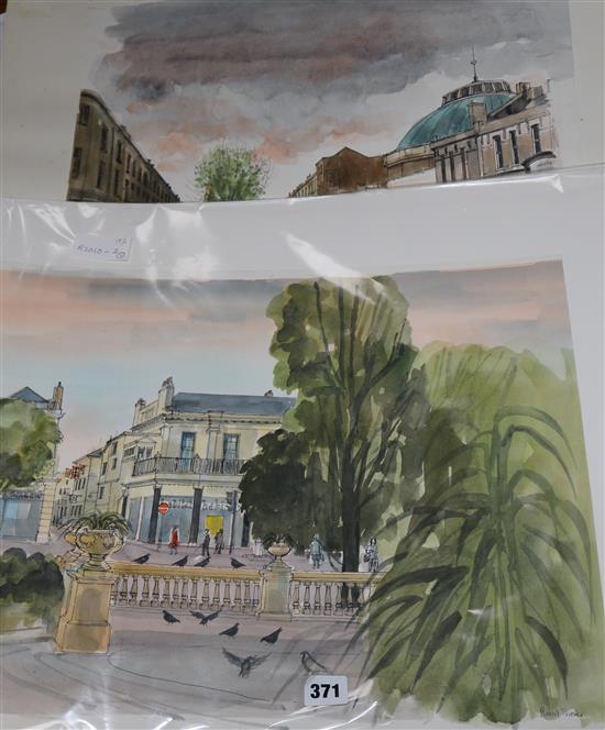 Robert Tavener, two watercolours, town views, signed, unframed, 44cm x 47cm